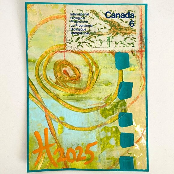 ACEO Original Mixed Media Art 1970 Canada Biological Programme Postage Stamp ATC - Picture 1 of 3